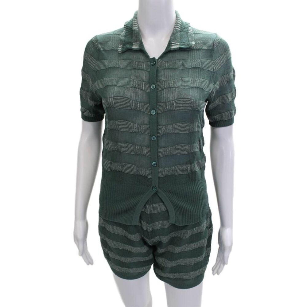 Sita Murt Women Jumpsuit Green Cotton Linen Striped Short Sleeve Size M